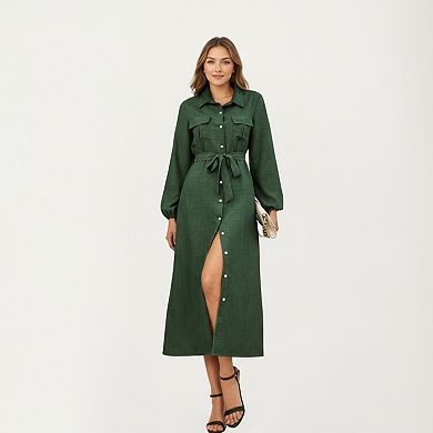 Women's Long Sleeve Button-Down Midi Shirt Dress with Waist Tie and Front Slit