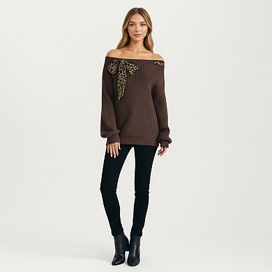 Women's Off Shoulder Knit Pullover Top with Leopard Print Bow Tie Detail