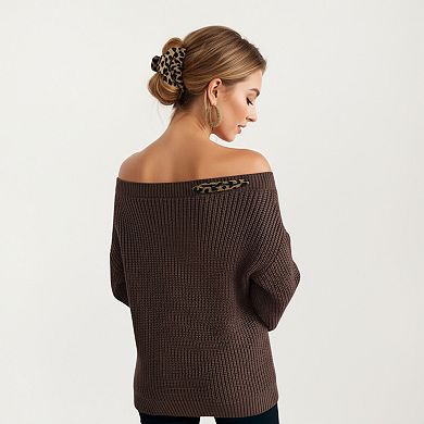 Women's Off Shoulder Knit Pullover Top with Leopard Print Bow Tie Detail