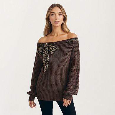 Women's Off Shoulder Knit Pullover Top with Leopard Print Bow Tie Detail