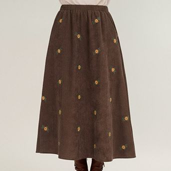 Women's Embroidered Corduroy Maxi Skirt with Elastic Waist and Floral Stitch Detailing