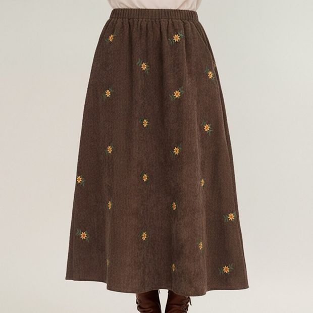 Women's Embroidered Corduroy Maxi Skirt with Elastic Waist and