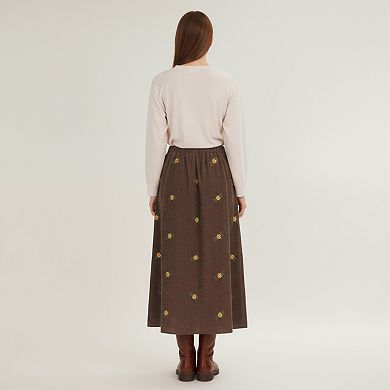 Women's Embroidered Corduroy Maxi Skirt with Elastic Waist and Floral Stitch Detailing