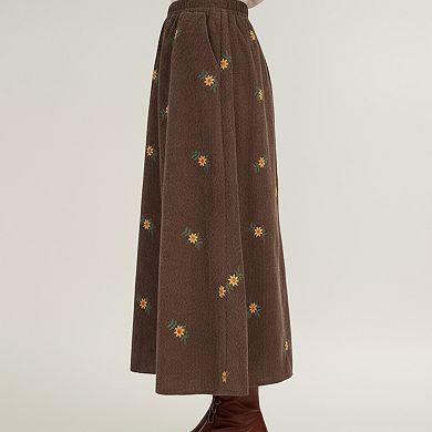 Women's Embroidered Corduroy Maxi Skirt with Elastic Waist and Floral Stitch Detailing