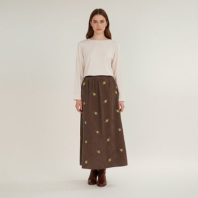 Women's Embroidered Corduroy Maxi Skirt with Elastic Waist and Floral Stitch Detailing