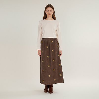 Women's Embroidered Corduroy Maxi Skirt with Elastic Waist and
