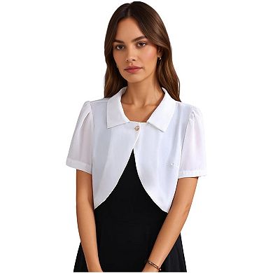 Women's Short Sleeve Cropped Bolero Jacket with Curved Hem and Single Button Closure