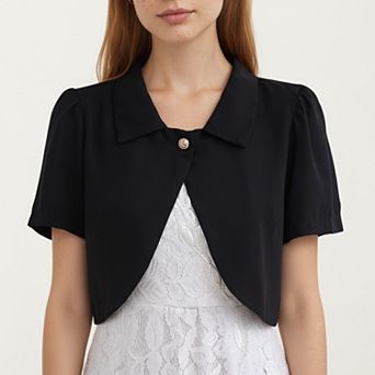 Women's Short Sleeve Cropped Bolero Jacket with Curved Hem and Single Button Closure