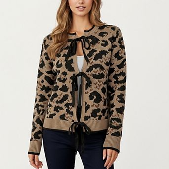 Women's Leopard Print Knit Cardigan with Front Tie Closures and Ribbed Trim