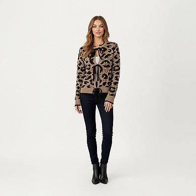 Women's Leopard Print Knit Cardigan with Front Tie Closures and Ribbed Trim