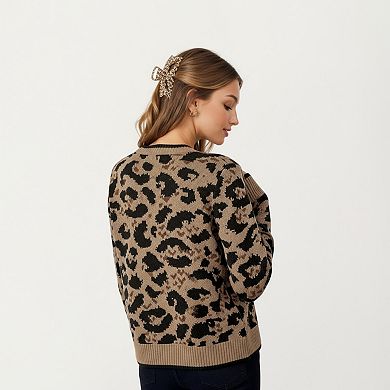 Women's Leopard Print Knit Cardigan with Front Tie Closures and Ribbed Trim