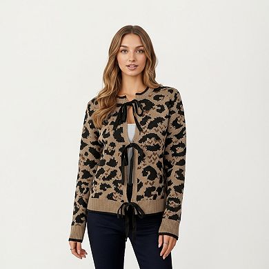 Women's Leopard Print Knit Cardigan with Front Tie Closures and Ribbed Trim