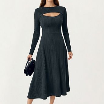 Women's Long Sleeve Ribbed Knit Midi Dress with Front Cutout and Flared Hem