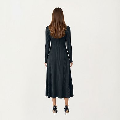 Women's Long Sleeve Ribbed Knit Midi Dress with Front Cutout and Flared Hem