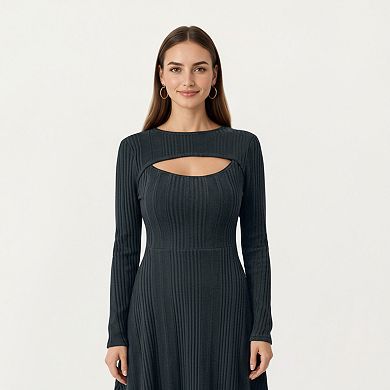 Women's Long Sleeve Ribbed Knit Midi Dress with Front Cutout and Flared Hem