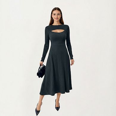 Women's Long Sleeve Ribbed Knit Midi Dress with Front Cutout and Flared Hem