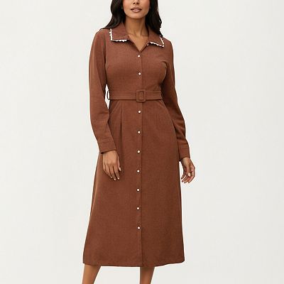 knee length dresses for ladies Pure Silk Midi Dresses Long Sleeve Button Down Silk Shirt Dress main image 1