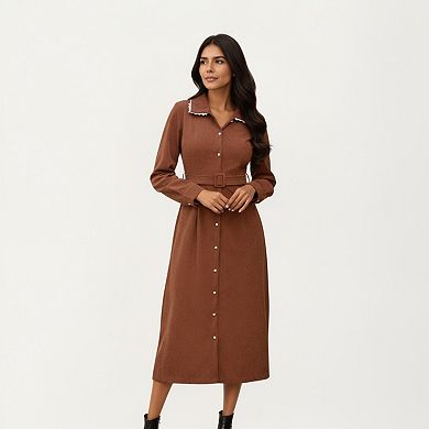 Women's Long Sleeve Button-Down Midi Dress with Belted Waist and Contrast Trim Collar