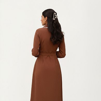 Women's Long Sleeve Button-Down Midi Dress with Belted Waist and Contrast Trim Collar