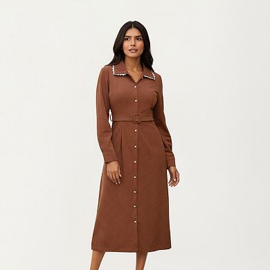 Women's Long Sleeve Button-Down Midi Dress with Belted Waist and Contrast Trim Collar