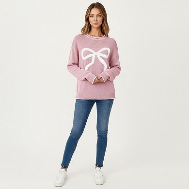 Women's Long Sleeve Knit Sweater with Textured Bow Front Detail and Ribbed Trim
