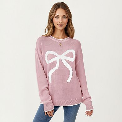 Women's Long Sleeve Knit Sweater with Textured Bow Front Detail and Ribbed Trim