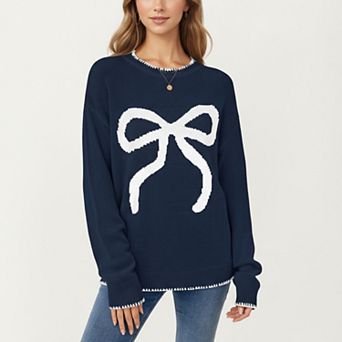 Women's Long Sleeve Knit Sweater with Textured Bow Front Detail and Ribbed Trim