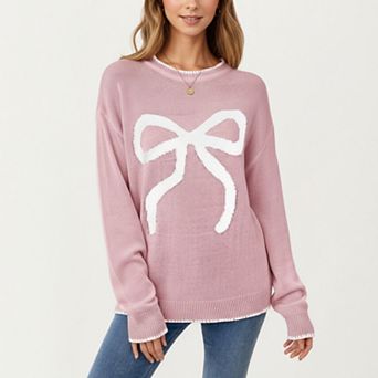 Women's Long Sleeve Knit Sweater with Textured Bow Front Detail and Ribbed Trim