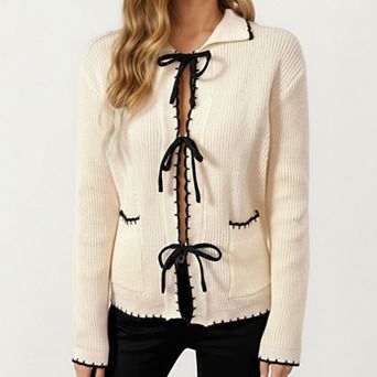 Women's Long Sleeve Rib Knit Cardigan with Contrast Trim and Front Bow Tie Closures