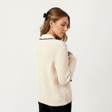 Women's Long Sleeve Rib Knit Cardigan with Contrast Trim and Front Bow Tie Closures