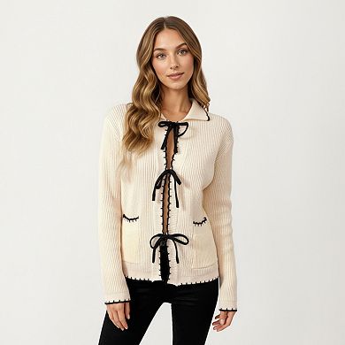 Women's Long Sleeve Rib Knit Cardigan with Contrast Trim and Front Bow Tie Closures