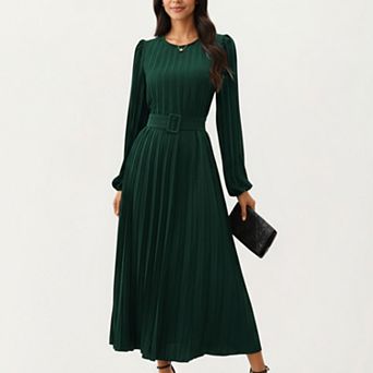 Women's Long Sleeve Pleated Midi Dress with Belted Waist and Crew Neck