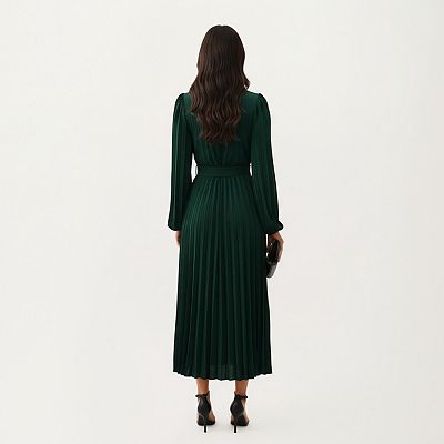 Anna-Kaci Women's Long Sleeve Pleated Midi Dress with Belted Waist and Crew Neck - Medium 8-10 / Olive Green