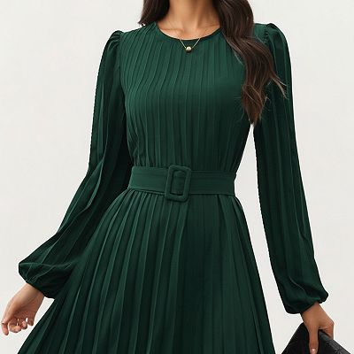 emerald green long sleeve pleated midi dress Petal & Pup Women's Pippa Long Sleeve Midi Dress