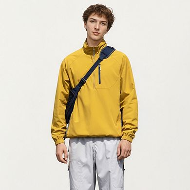 Men's Long Sleeve Quarter Zip Windbreaker Pullover with Elastic Cuffs and Zipper Chest Pocket