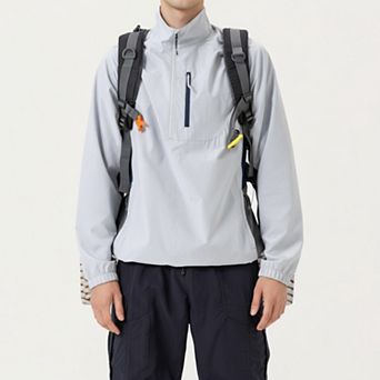 Men's Long Sleeve Quarter Zip Windbreaker Pullover with Elastic Cuffs and Zipper Chest Pocket