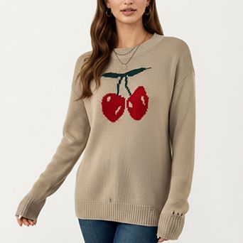 Women's Long Sleeve Knit Pullover Sweater with Cherry Graphic Design and Relaxed Fit