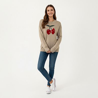 Women's Long Sleeve Knit Pullover Sweater with Cherry Graphic Design and Relaxed Fit