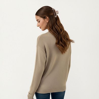 Women's Long Sleeve Knit Pullover Sweater with Cherry Graphic Design and Relaxed Fit