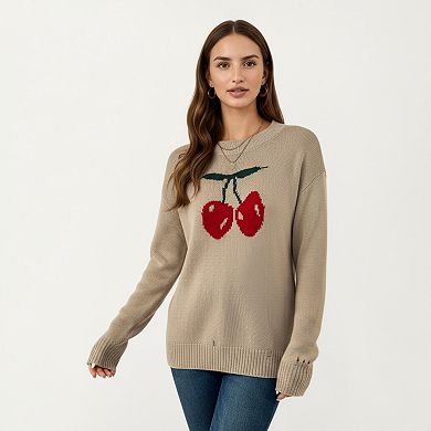 Women's Long Sleeve Knit Pullover Sweater with Cherry Graphic Design and Relaxed Fit