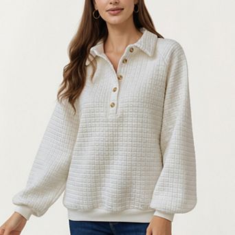 Women's Long Sleeve Waffle Knit Pullover Top with Button Placket and Collared Neckline