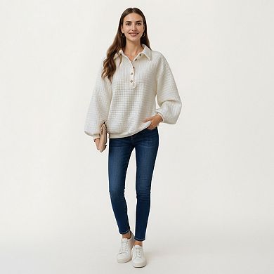 Women's Long Sleeve Waffle Knit Pullover Top with Button Placket and Collared Neckline
