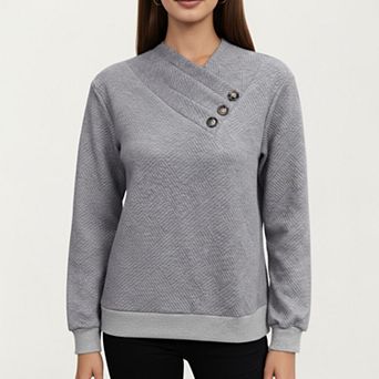 Women's Long Sleeve Textured Knit Pullover Top with Asymmetrical Button Detail and Ribbed Hem