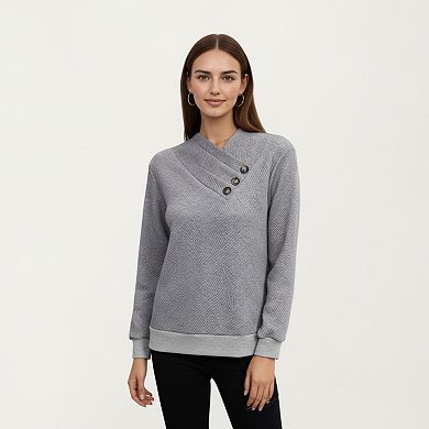 Women's Long Sleeve Textured Knit Pullover Top with Asymmetrical Button Detail and Ribbed Hem