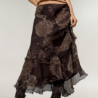 Women's Bohemian Asymmetrical Midi Skirt with Ruffled Hem and Vintage Lace Print