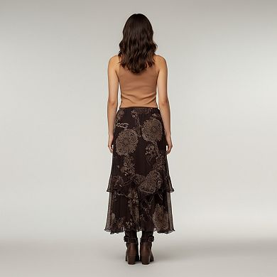 Women's Bohemian Asymmetrical Midi Skirt with Ruffled Hem and Vintage Lace Print