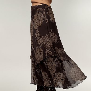 Women's Bohemian Asymmetrical Midi Skirt with Ruffled Hem and Vintage Lace Print