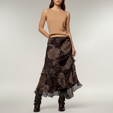 Women's Bohemian Asymmetrical Midi Skirt with Ruffled Hem and Vintage Lace Print
