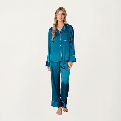 Women's 2-Piece Satin Pajama Set with Button-Down Long Sleeve Top and Piped Trim Wide-Leg Pants