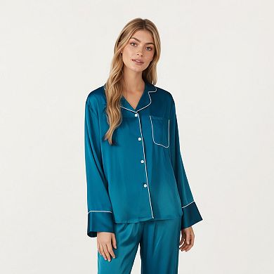 Women's 2-Piece Satin Pajama Set with Button-Down Long Sleeve Top and Piped Trim Wide-Leg Pants